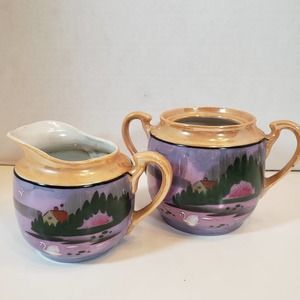 Lusterware RS Japan Handpainted Vintage Sugar Cream Lavender Gold Swans House